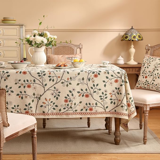 ISAENNE Designer Floral Table Cloth Rectangle,French Linen Light Beige Indoor Tablecloth,Fall Wrinkle Resistant Decor Tablecloths for Dining Thanksgiving Kitchen Party,55"*87"-Flora A