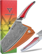 7 inch Nakiri Knife, Japanese VG-10 Damascus Steel Meat Cleaver, Ultra Sharp Vegetable Knife with Full-tang Handle in Red Resin, LA-S9 Series