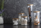 Set of 5 Glass Kitchen Canisters with Airtight Bamboo Lid - Glass Storage Jars for Pantry Organization and Bathroom for Flour, Coffee, Cookie Jar, Candy, Snack, Pasta, Rice, Sugar Packet Holder