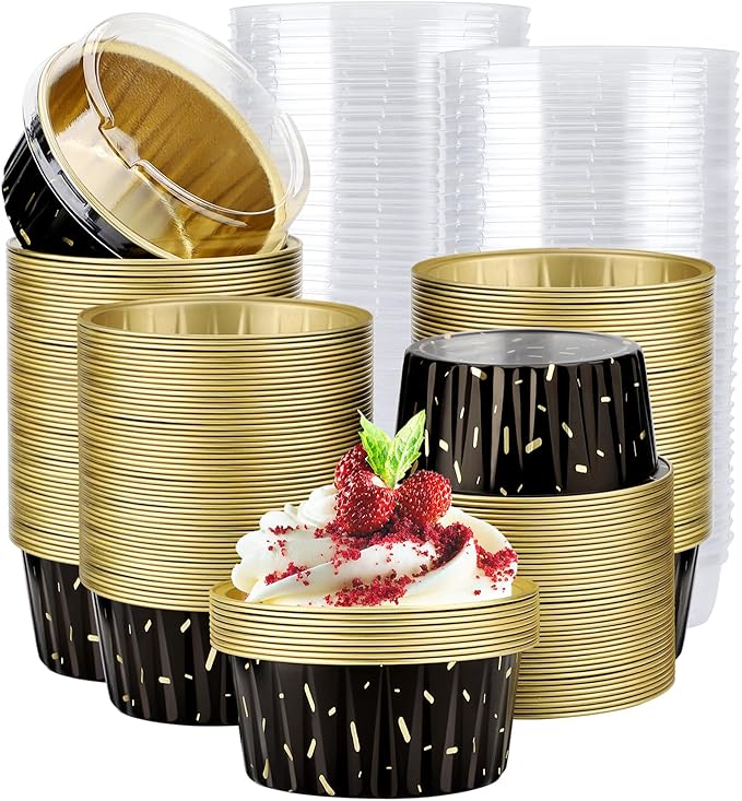 EUSOAR Disposable Ramekins, 200pcs 5oz Aluminum Cupcake Baking Cups Reusable, Mini Muffin Cups Cupcake Liners with Lids, Creme Brulee Containers Mold Tin, for Party Family Gathering Shower Catering