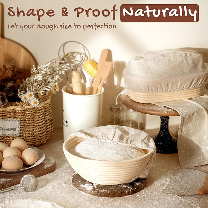 Astercook Sourdough Starter Kit with Round & Oval Banneton Bread Proofing Basket, Bread Sling, Starter Jar, Dough Whisk, Scrapers, Stencils, Cooling Rack & Bag Complete Sourdough Bread Baking Supplies