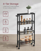 VASAGLE Slim Rolling Cart, 4-Tier Storage Cart, Narrow Cart with Handle, 5.1 Inches Deep, Metal Frame, for Kitchen, Dining Room, Living Room, Home Office, Ebony Black and Classic Black ULRC032B04