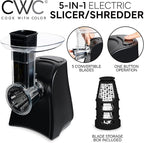 COOK WITH COLOR 5-in-1 Electric Slicer, 150W Food Prep Machine – Cheese Shredder, Fine & Coarse Graters, Potato Grater, Vegetable Slicer, Fruit, Salad Shooter, Compact Design for Bowl Prep, Black