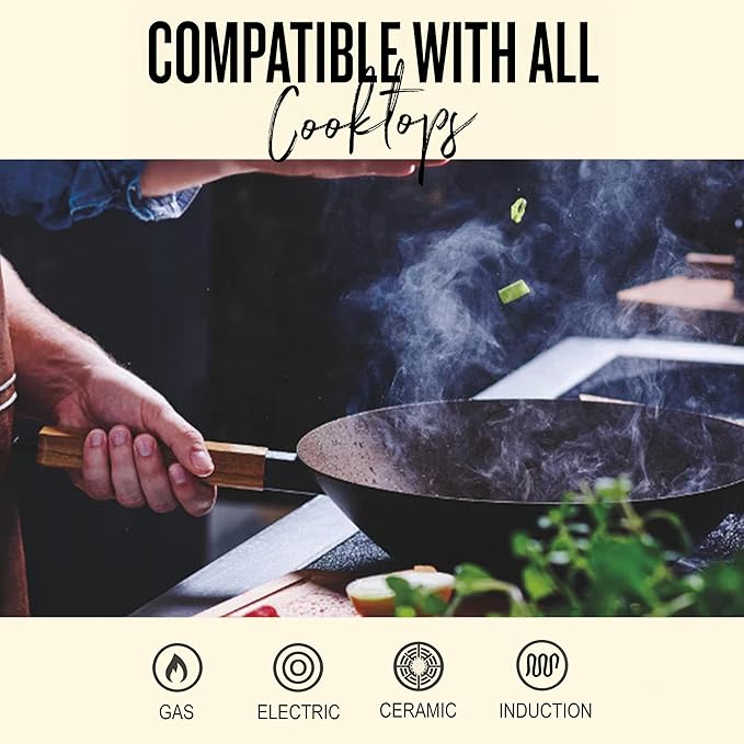 Alva Forest Naturally Nonstick Carbon Steel Wok Pan 12" - Acacia Wood Handle, Pre-Seasoned and Made without PFAS, PFOA & PTFE - Induction and All Stovetop Compatible with Even Heat Distribution