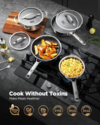 Nonstick Frying Pan Set, Non-Toxic Tri-Ply Hybrid Ceramic Skillet 3 Piece, 8, 10 & 12 Inch Stainless Steel Pans, PFAS/PFOA/PTFE Free, Metal Utensil Safe, Dishwasher & Oven Safe, Induction Compatible