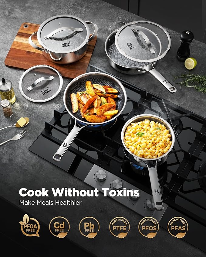 Nonstick Frying Pan Set, Non-Toxic Tri-Ply Hybrid Ceramic Skillet 3 Piece, 8, 10 & 12 Inch Stainless Steel Pans, PFAS/PFOA/PTFE Free, Metal Utensil Safe, Dishwasher & Oven Safe, Induction Compatible