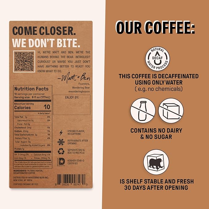 Wandering Bear Decaf Cold Brew Coffee On Tap, Iced Coffee Drink - Bold, Smooth, No Sugar Added, Shelf-Stable, Ready to Drink, Gluten Free & Vegan Decaf - 16 Servings of 6fl.oz - 96fl.oz