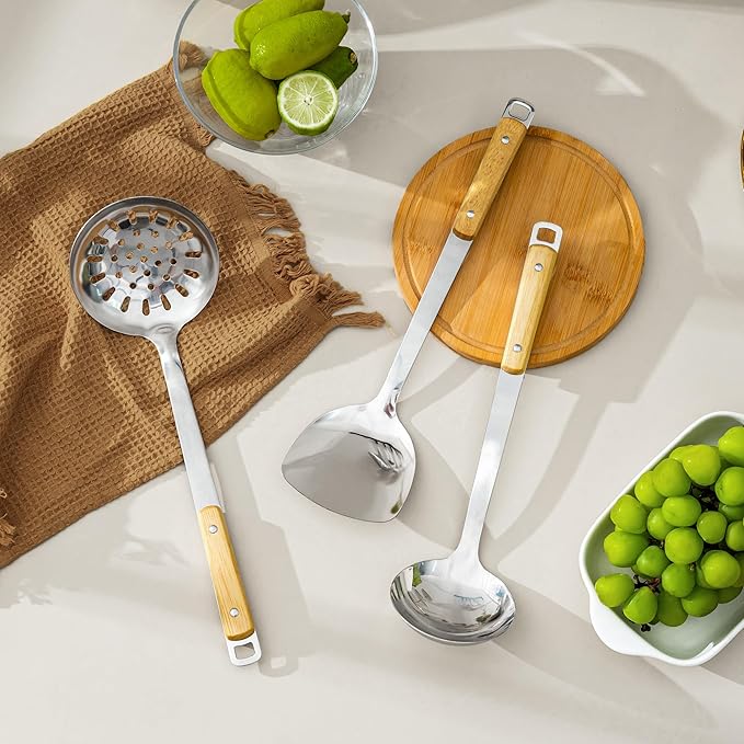 FJNATINH Wok Spatula and Ladle Skimmer Spoon - Stainless Steel Cooking Utensils Set of 3,Kitchen Wok Utensils Set