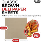 Brown Deli Paper Sheets, 12" x 12" (500 pcs.) - USA-Made Premium Food Basket Liners - PFAS-free Grease Resistant Deli Paper Sheets for Snack & Baking Wrap, Picnic & Party by IDL Packaging