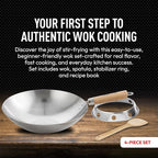Helen's Asian Kitchen Round Bottom Wok Set, Carbon Steel and Bamboo, 12-Inches, 4-Piece Set