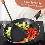 FJNATINH Silicone Wok Spatula and Ladle Tool Set,Non Stick Heat-Resistant Stainless Steel Cooking Utensils BPA Free Kitchen Utensils Cookware, Pack of 2,Black