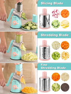 Geedel Rotary Cheese Grater Cheese Shredder - Upgraded 5-in-1 Cheese Grater with Handle and Strong Suction Base, Multi-purpose Vegetable Slicer Ice Shaver Nuts Grinder for Ice, Vegetables, Fruit, Nuts
