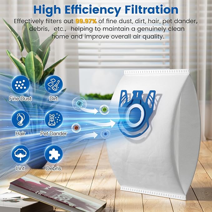 12 Pack 3D Airclean GN Vacuum Bags Compatible with Miele Classic C1, Complete C1, Complete C2, Complete C3, S227 S240, S270, S400, S2, S5, S8 Series Canister Vacuum Cleaner