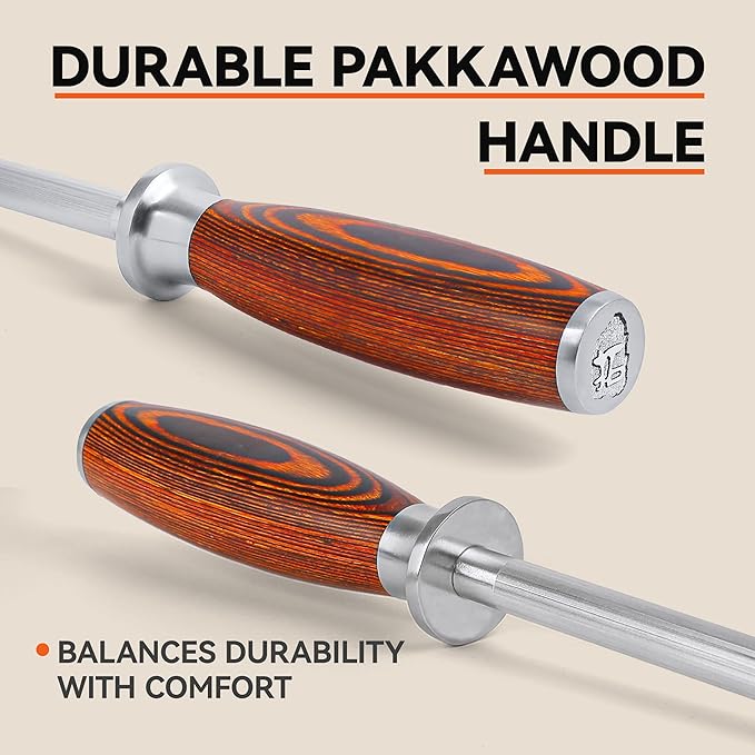 TUO Honing Steel, 10 Inch Knife Sharpener Rod with Pakkawood Handle for Kitchen Knives Daily Sharpening Maintenance - Fiery Phoenix Series