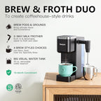 Single Serve Coffee Maker with Built-in Detachable Milk Frother, Iced and Hot Coffee Machine for K Cup & Grounds, 40oz Removable Water Reservoir, 6 Cup Sizes, Fits 7.3" Travel Mug, Black