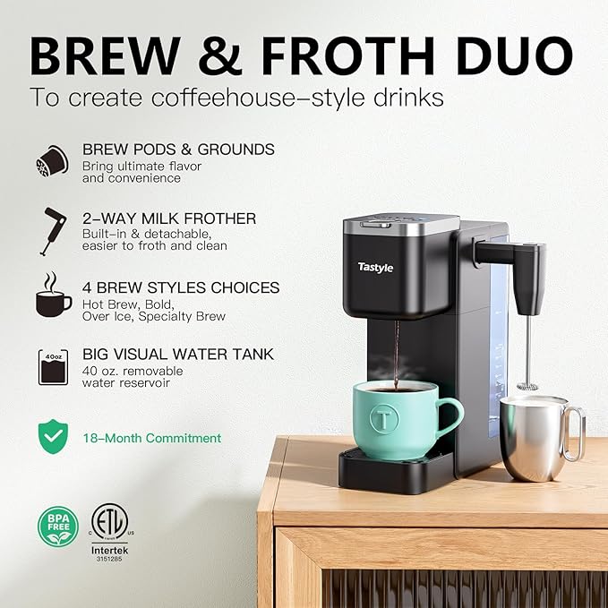 Single Serve Coffee Maker with Built-in Detachable Milk Frother, Iced and Hot Coffee Machine for K Cup & Grounds, 40oz Removable Water Reservoir, 6 Cup Sizes, Fits 7.3" Travel Mug, Black