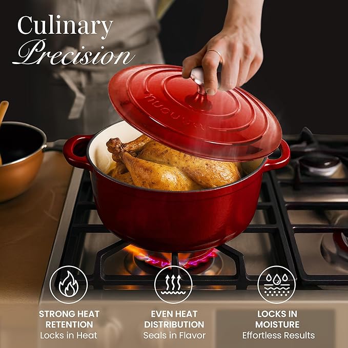 Nuovva Enamelled Cast Iron Dutch Oven Pot with Lid – 6.4 Quart Non Stick Casserole Pot – Heavy Duty & Oven Safe up to 500° F for Bread Baking, Braising, Stews, Roasting – 28cm Red
