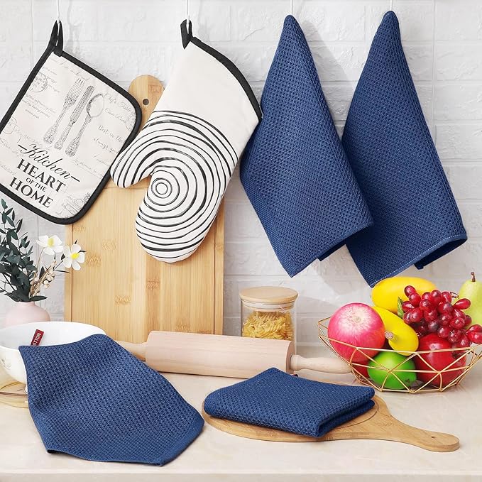 Homaxy 100% Cotton Waffle Weave Kitchen Dish Cloths, Ultra Soft Absorbent Quick Drying Dish Towels, 12 x 12 Inches, 24-Pack, Navy Blue