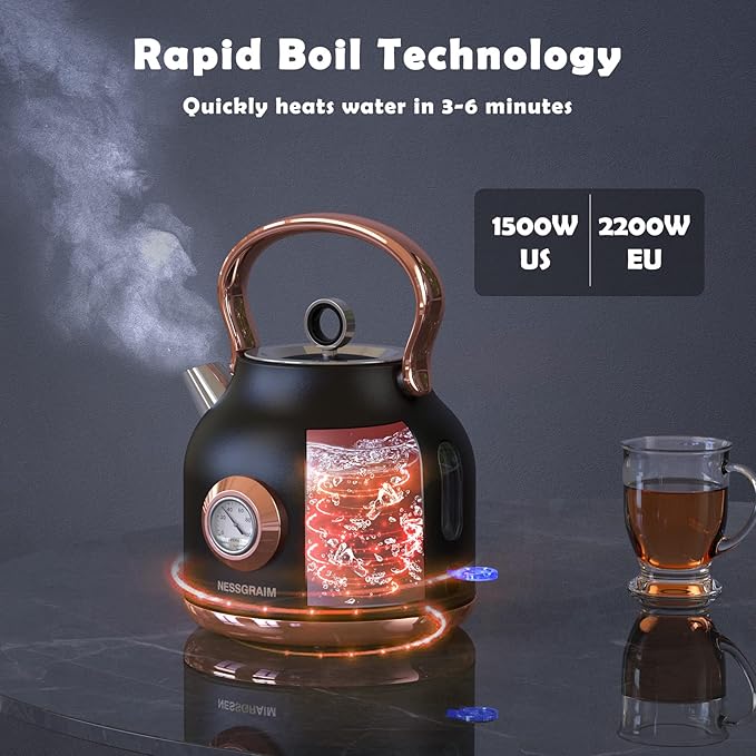 Retro Electric Kettle, 1.7L Stainless Steel Tea Kettle with Large Temperature Gauge, 1500W Fast Heating Hot Water Boiler with LED Indicator, Auto Shut-off & Boil-Dry Protection-Reteo Black