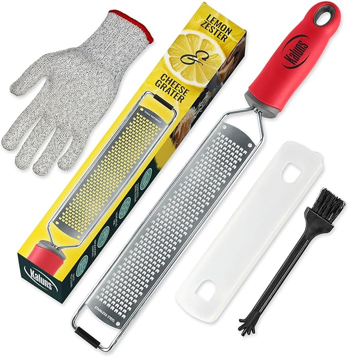 Lemon Zester & Parmesan Cheese Grater - Premium Citrus Zester Graters For kitchen W Stainless Steel, For Chocolate, Garlic, Ginger, Nutmeg, Fruits, Vegetables - Bonus Cleaning Brush & Glove