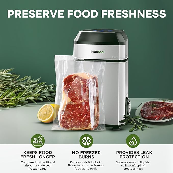 InstaSeal Vacuum Sealer for Food with 12 Bags, Preserves Foods 5x Longer, Space Saving Compact Upright Design Allows Machine to Seal Marinades, Soups, Meats for Sous Vide Cooking, Vegetables