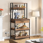 Tribesigns Kitchen Bakers Rack with Power Outlets, 5-Tier Microwave Oven Stand with Drawer and Sliding Shelves, Freestanding Coffee Bar, Kitchen Storage Shelf with 6 Hooks, Rustic Brown