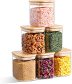 ComSaf 0.7 Qt Rectangle Glass Storage Containers with Lids, Glass Jars with Bamboo Lids, Clear Food Jar, Sugar Coffee Containers, Small Pantry Storage Container for Tea Candy Nuts Spices Oat