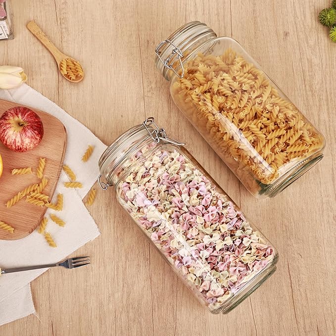 78oz Glass Food Storage Jars with Airtight Clamp Lids, 3 Pack Wide Mouth Large Kitchen Canisters for Flour, Cereal, Beans, Pasta and Canning, Square Mason Jar with Labels