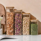 37oz Rectangle Airtight Glass Storage Containers with Bamboo Lids (Set of 6), Square Food Storage Jar, Pantry Organizers for Cereal, Nuts, Snacks and Coffee beans (‎with Black Lable)