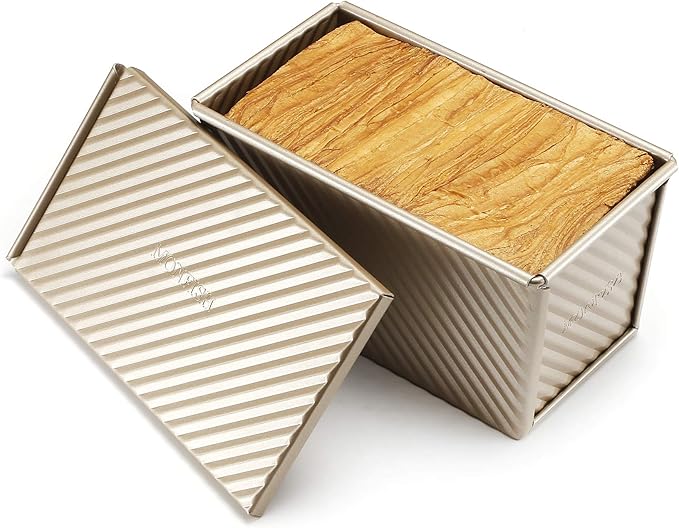Monfish Pullman loaf Pan – loaf pan w lid - Wavy Non-Stick Toast Mold - Loaf Bread Baking Pan champagne gold (8.5x4.75x4.5)