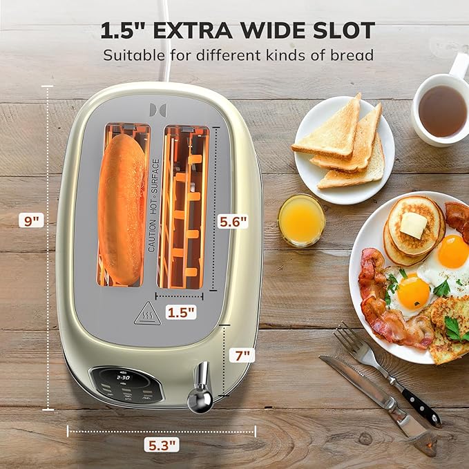 Keenstone Smart Touch Screen Toaster 2 Slice, Retro Wide Slot Stainless Steel Toaster with 6 Browning Levels, Reheat & Defrost, for Bagel, Toast, Bread, Removable Crumb Tray, Beige
