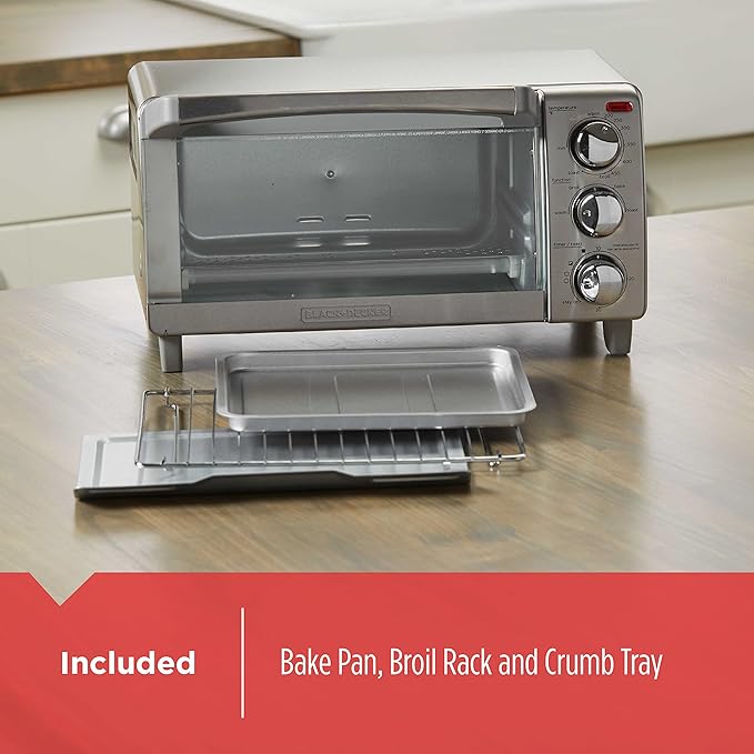 BLACK+DECKER 4-Slice Toaster Oven, TO1745SSG-1A, Even Toast, 4 Cooking Functions Bake, Broil, Toast and Keep Warm, Removable Crumb Tray, Timer