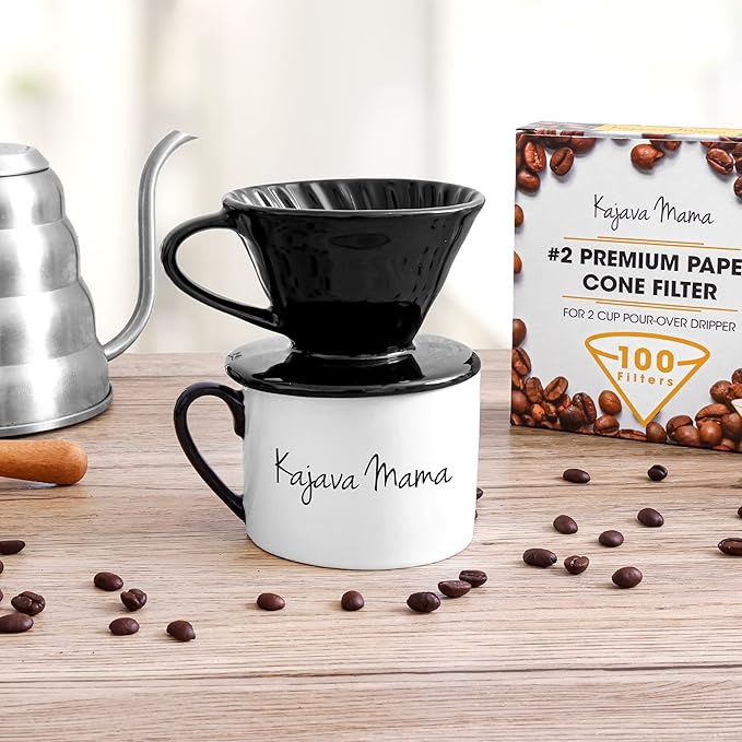 Pour Over Coffee Dripper - Ceramic Slow Brewing Accessories for Home, Cafe, Restaurants - Easy Manual Brew Maker Gift - Strong Flavor Brewer - V01 Paper Cone Filters - Black, 1 Cup