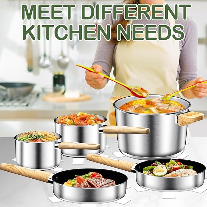 Stainless Steel Cookware Set 13PCS, Pots and Pans Set, Induction Cookware, Kitchen Cooking Set, Heavy Duty, Tri-Ply Base, Dishwasher Safe