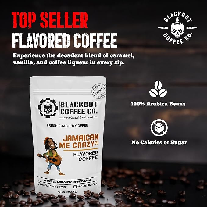 Blackout Coffee Jamaican Me Crazy Flavored Medium Roast - Freshly Roasted in the USA - 12 oz Ground Coffee Pouch