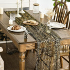 Artoid Mode 6Pcs Black Gold Gauze Table Runner 120 Inch 10FT, Glitter Metallic Foil Sheer Dining Wedding Anniversary Holiday Birthday Table Decor for Home Party