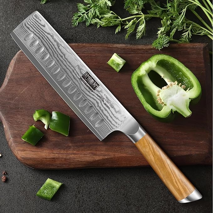 HOSHANHO Damascus Nakiri Knife 6.5 Inch, Super Sharp Damascus 10Cr15CoMoV Japanese Kitchen Knife, Cleaver and Vegetable Knife with Ergonomic Olive Wood Handle