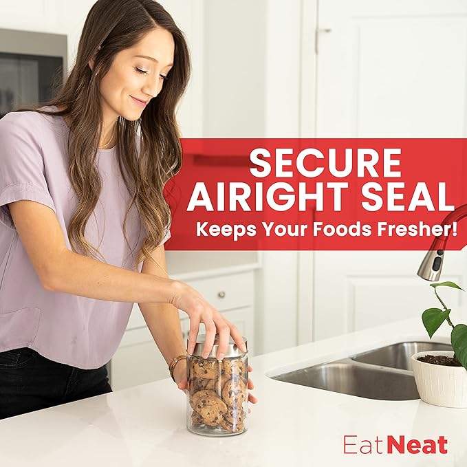 EatNeat 4-Piece Sleek Glass Canister Set with Brushed Stainless Steel Lids – Giftable, Durable Storage Containers for Countertop Use – Dishwasher-Safe Jars in Various Sizes for Pantry & Kitchen