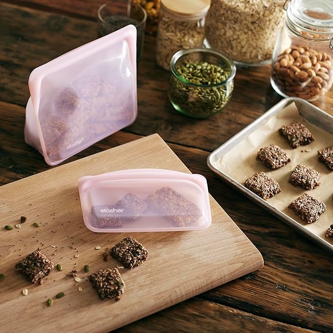 Stasher Premium Silicone Reusable Food Storage Stand-Up Mid Bag, Pink, Microwave, Sous Vide, Dishwasher, Oven and Freezer Safe, BPA Free, Leak-free, Eco-friendly, 56 Oz