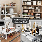 2Pack Expandable Cabinet Countertop Shelves 16.5-27’’L, Adjustable Metal Spice Rack Organizer, Stackable Kitchen Counter Storage Shelves Organizers for Cabinet Organization, White