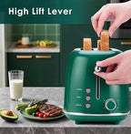 Roter Mond 4 Slice Toaster Retro Stainless Steel Toaster with Bagel, Cancel, Defrost Function and 6 Bread Shade Settings Bread Machine, Long Extra Wide Slots and Removable Crumb Tray, Green