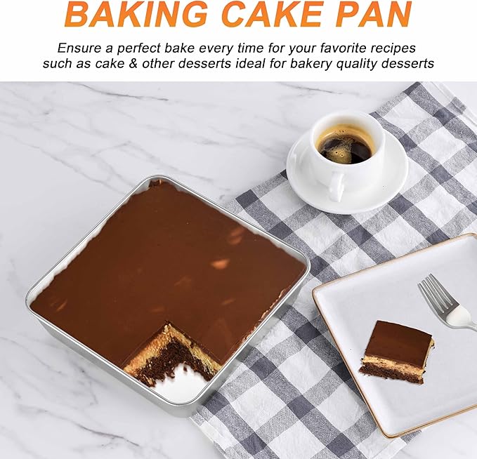 Herogo 8 x 8 Baking Pan Set of 2 for Oven, Stainless Steel Square Cake Pan for Lasagna Brownies Casseroles Cakes, Dishwasher Safe & Durable
