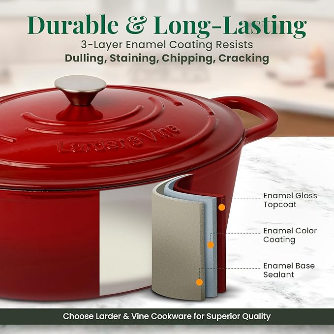 Larder & Vine Enameled Cast Iron 8 qt Dutch Oven Pot with Lid | Bread Baking | Compatible on All Cooktops & Oven Safe to 500° F | Great for Sourdough Bread | Cabernet