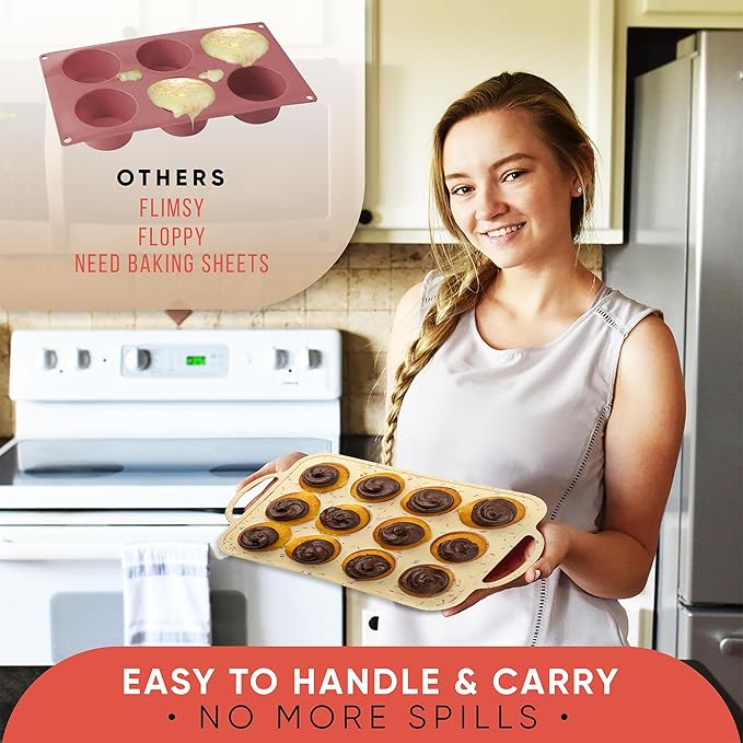 Silicone Mini Muffin Pan 12 Count – Non-Stick Muffin Pans for Baking, BPA-Free Silicone Cupcake Pans for Baking, Easy Release, Metal Handles, Oven & Dishwasher Safe