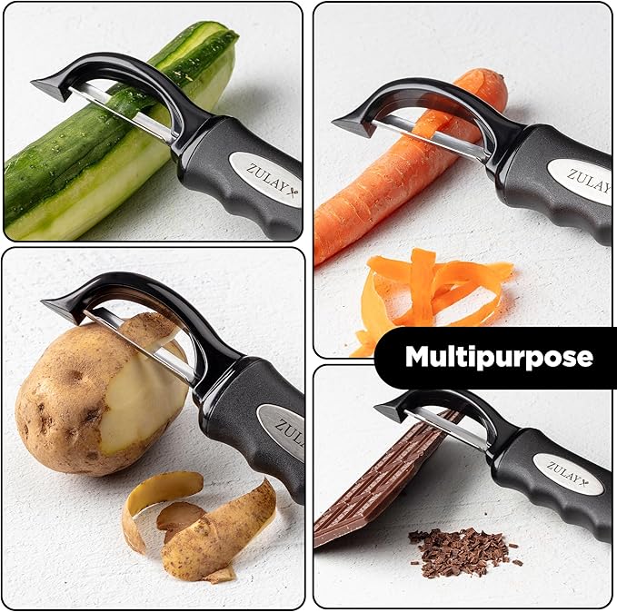 Zulay Kitchen Premium Vegetable Peeler for Kitchen - Swivel Peeler with Razor Sharp Stainless Steel Blades & Strong Ergonomic Handle - Dishwasher Safe, Easy To Use with Blemish Remover - Black