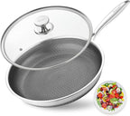 Non Stick Frying Pans, 12 inch Nonstick Skillet with Lid made of Stainless Steel with Honeycomb for Cookware Breakfast Egg- Induction Ceramic Gas Cooktop and Oven Safe Frying pan.