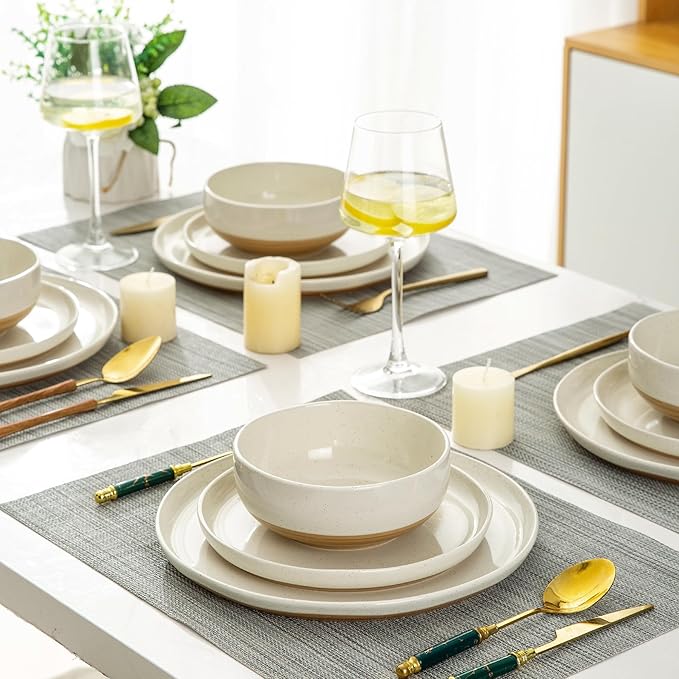 AmorArc Ceramic Dinnerware Sets for 6, 18 Pieces Handpainted Plates and Bowls Set with Rustic Terracotta Underside, Scratch Resistant Stoneware Dishes Set, Dishwasher & Microwave Safe,Light Beige
