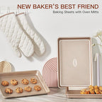 HONGBAKE 3 Pack Gold Nonstick Baking Sheet Pan Set with Oven Mitts Heat Resistant, Non-Toxic Half/Quarter/Jelly Roll Pans with Diamond Texture Pattern, Heavy Duty 0.8mm Thick Cookie Trays for Cooking