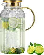 Glass Pitcher with Lid, 84oz/2.5 Liter Classic Vertical Stripes Water Pitcher,Glass Water Carafe for Cold Brew, Coffee, Lemonade, Iced Sun Tea,Beverage, Milk, Heat Resistant