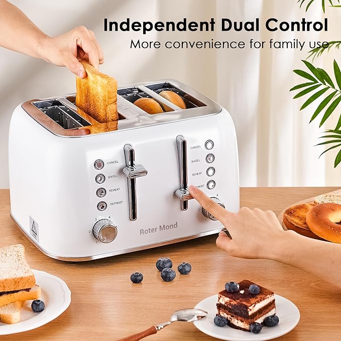 Roter Mond Toaster 4 Slice Retro Stainless Steel with Extra Wide Slots Bagel, Defrost, Reheat Function, Dual Independent Control Panel, Removable Crumb Tray, 6 Browning Levels, White
